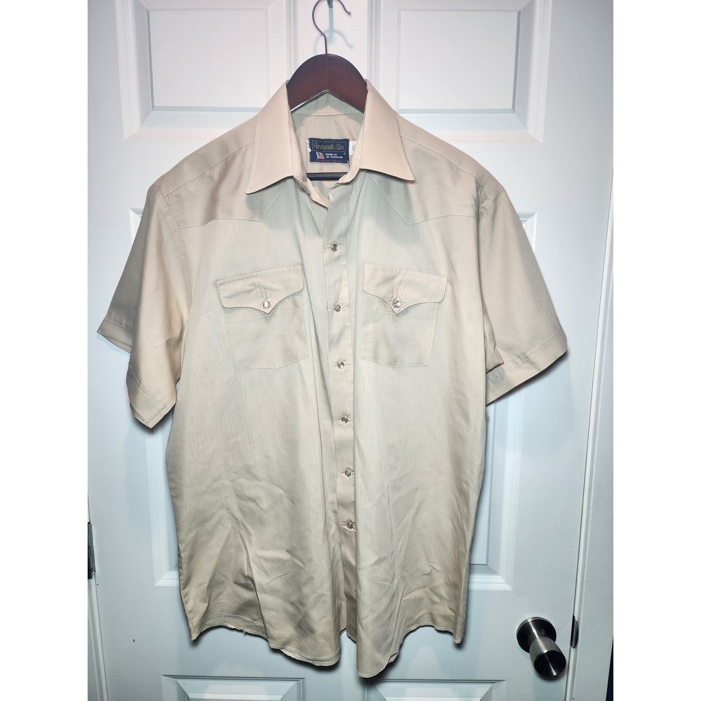 Vintage 80s Panhandle Slim Western Pearl Snap Tan Short Sleeve Men's 17.5 XL - Picture 3 of 8